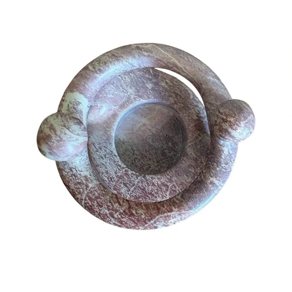 Abstract Soapstone Sculpture Two Figures Circle‎ Candle Holder Pink Carved Stone